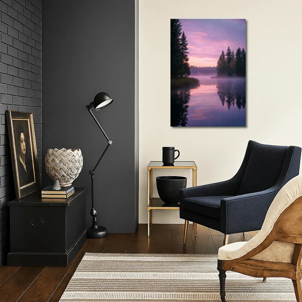 Misty Lake Forest Sunrise Pink Sky – Wall Art