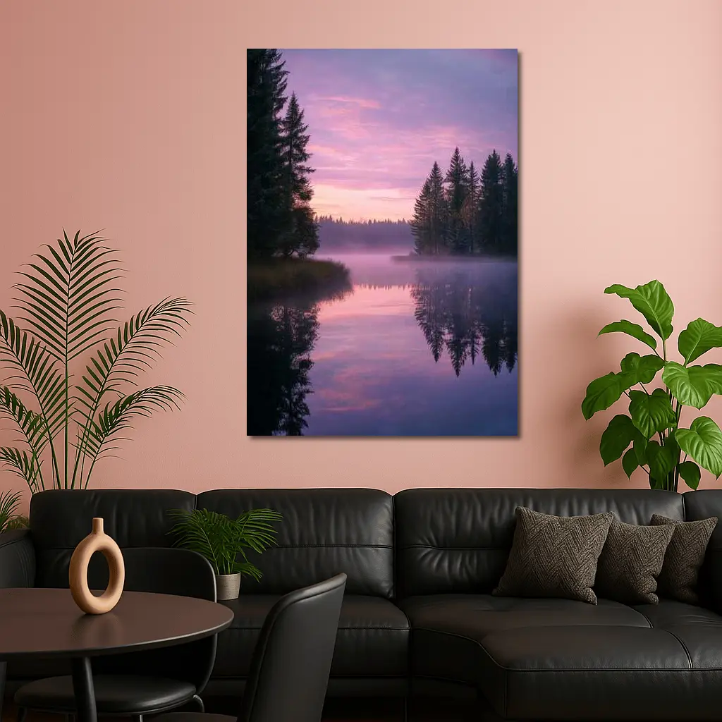 Misty Lake Forest Sunrise Pink Sky – Wall Art