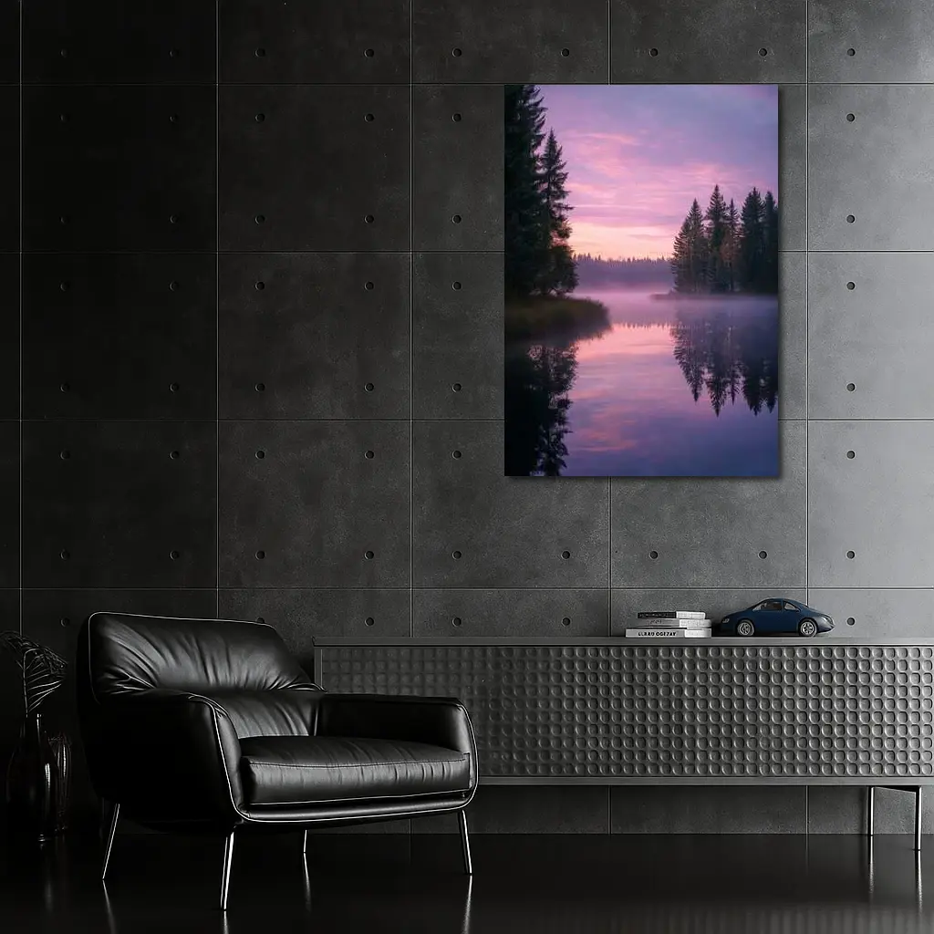 Misty Lake Forest Sunrise Pink Sky – Wall Art