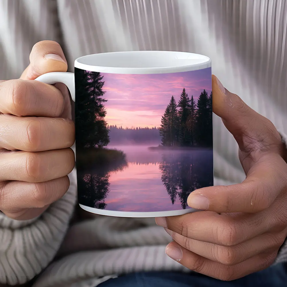 Misty Lake Forest Sunrise Pink Sky – Mugs