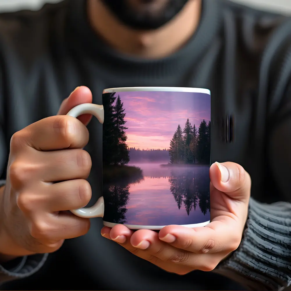 Misty Lake Forest Sunrise Pink Sky – Mugs