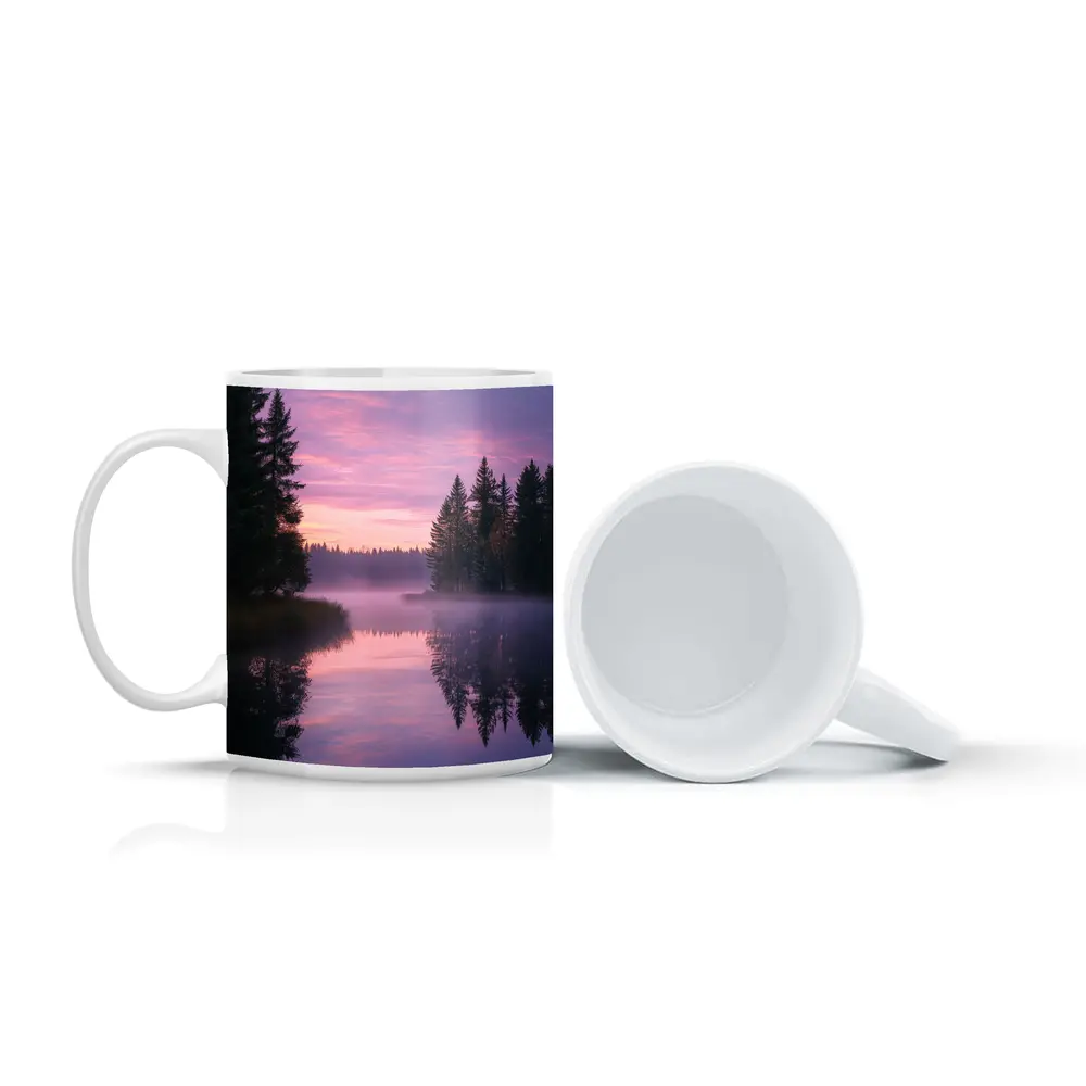 Misty Lake Forest Sunrise Pink Sky – Mugs
