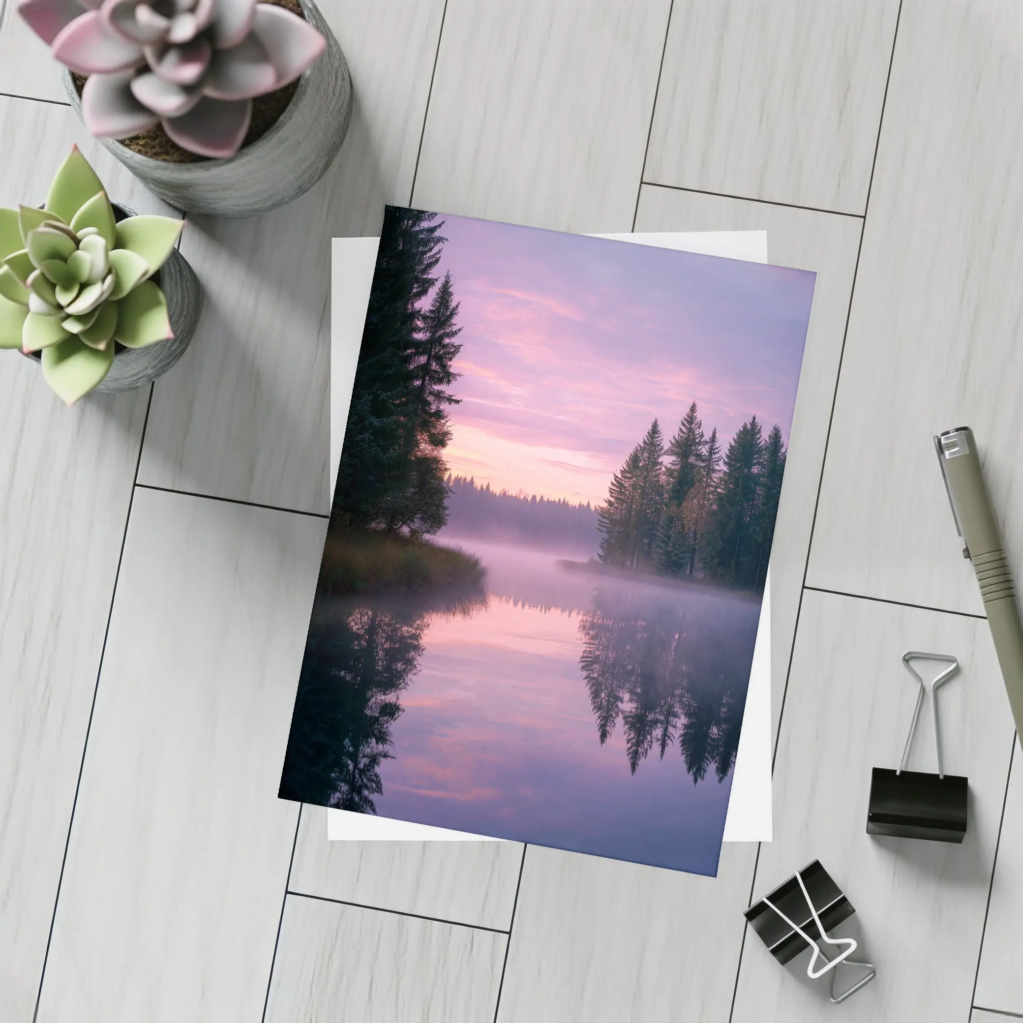 Misty Lake Forest Sunrise Pink Sky – Postcards