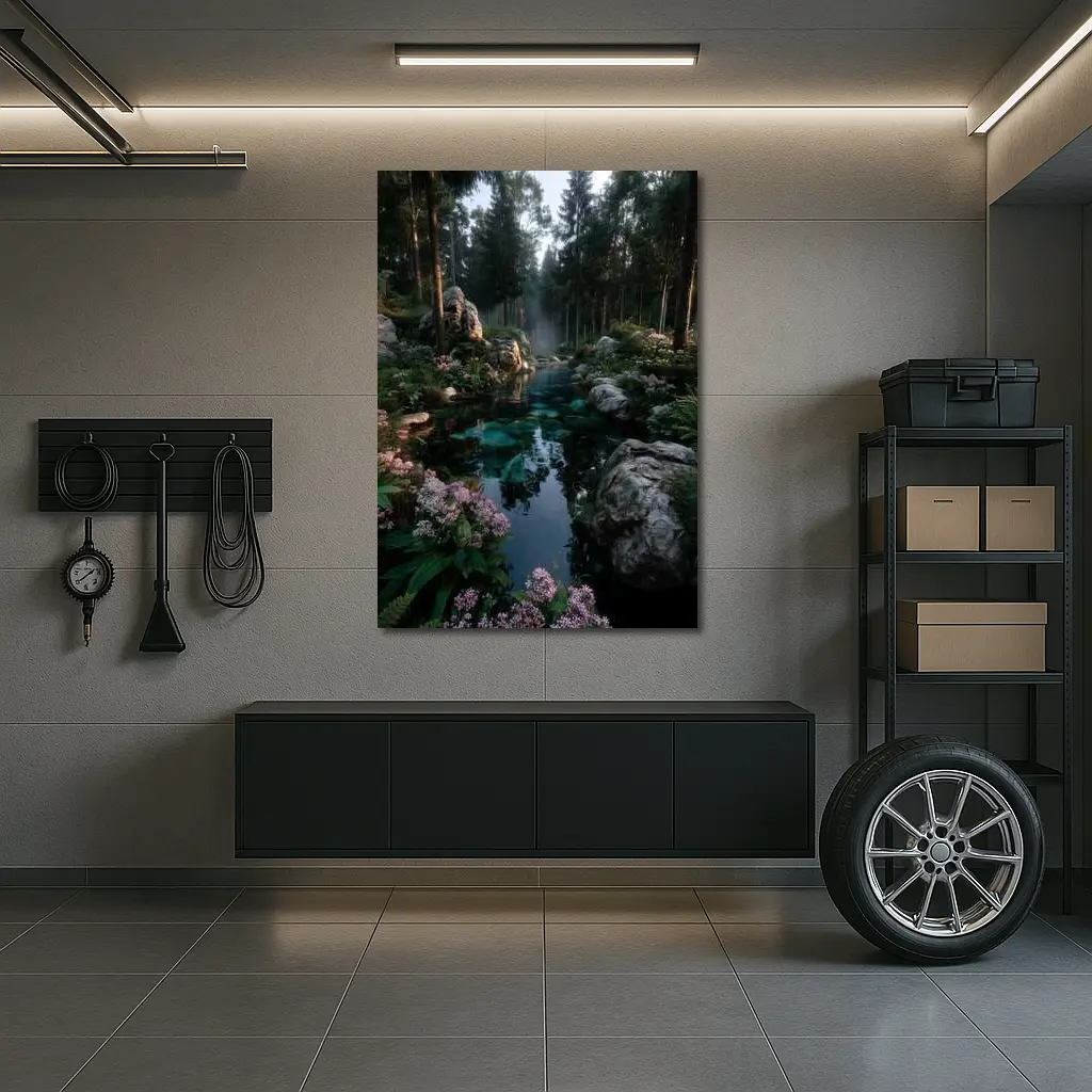 Forest River With Rocks And Pink Flowers – Wall Art