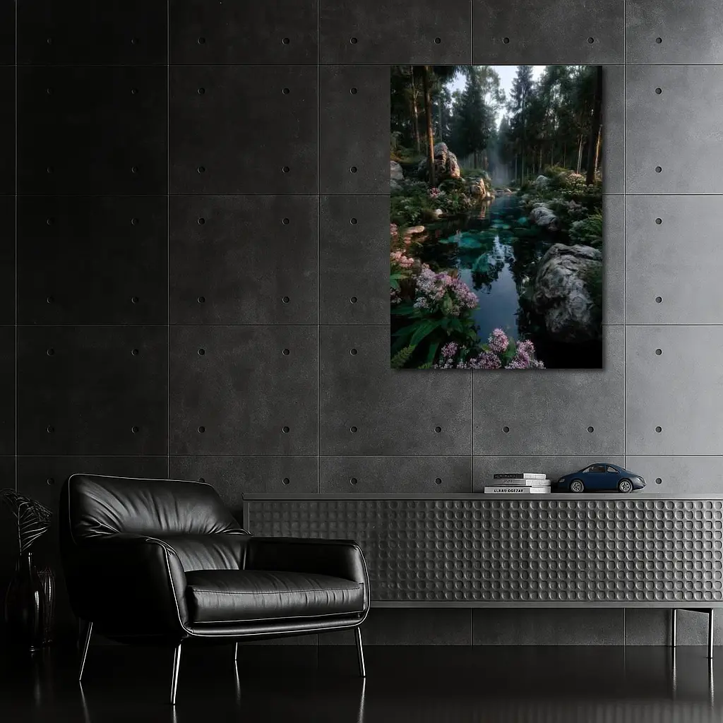 Forest River With Rocks And Pink Flowers – Wall Art