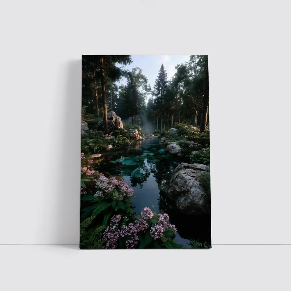 Forest River With Rocks And Pink Flowers – Wall Art