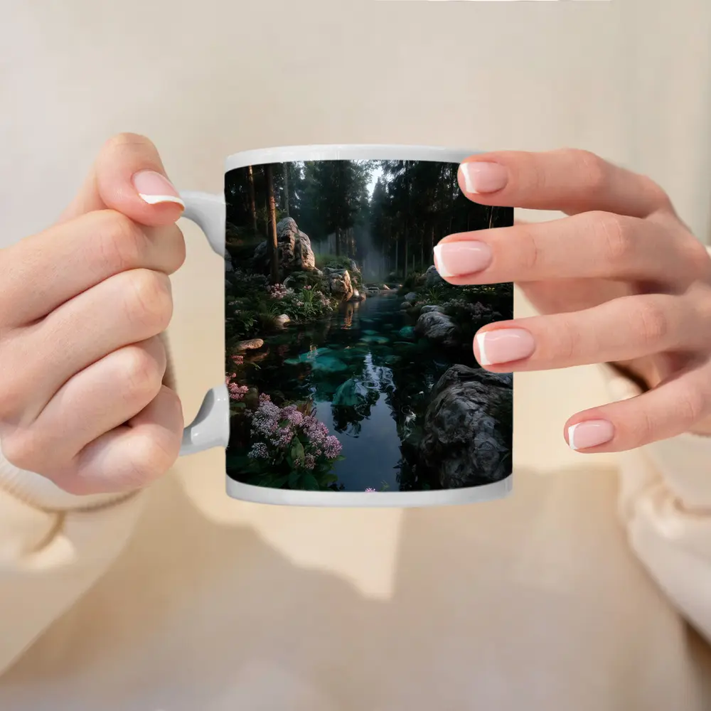 Forest River With Rocks And Pink Flowers – Mugs