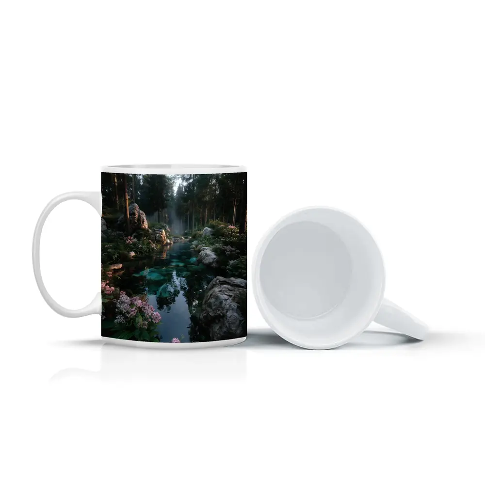 Forest River With Rocks And Pink Flowers – Mugs