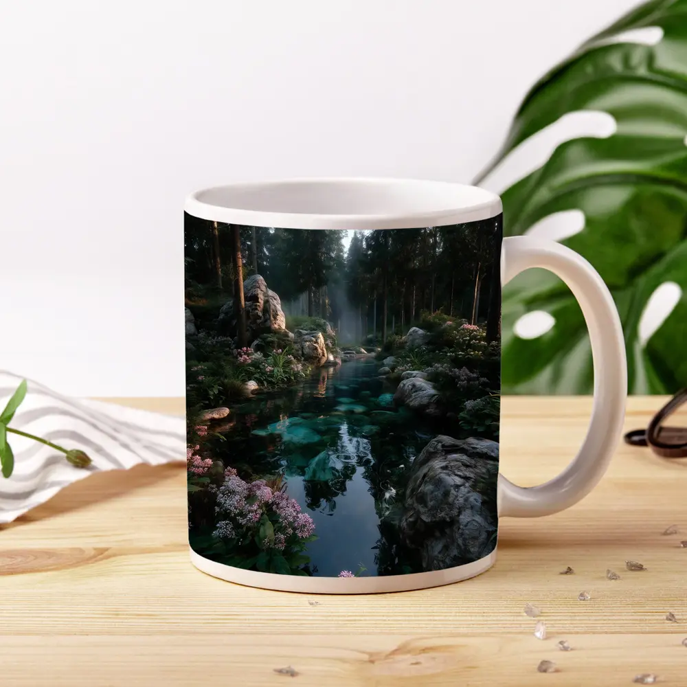 Forest River With Rocks And Pink Flowers – Mugs
