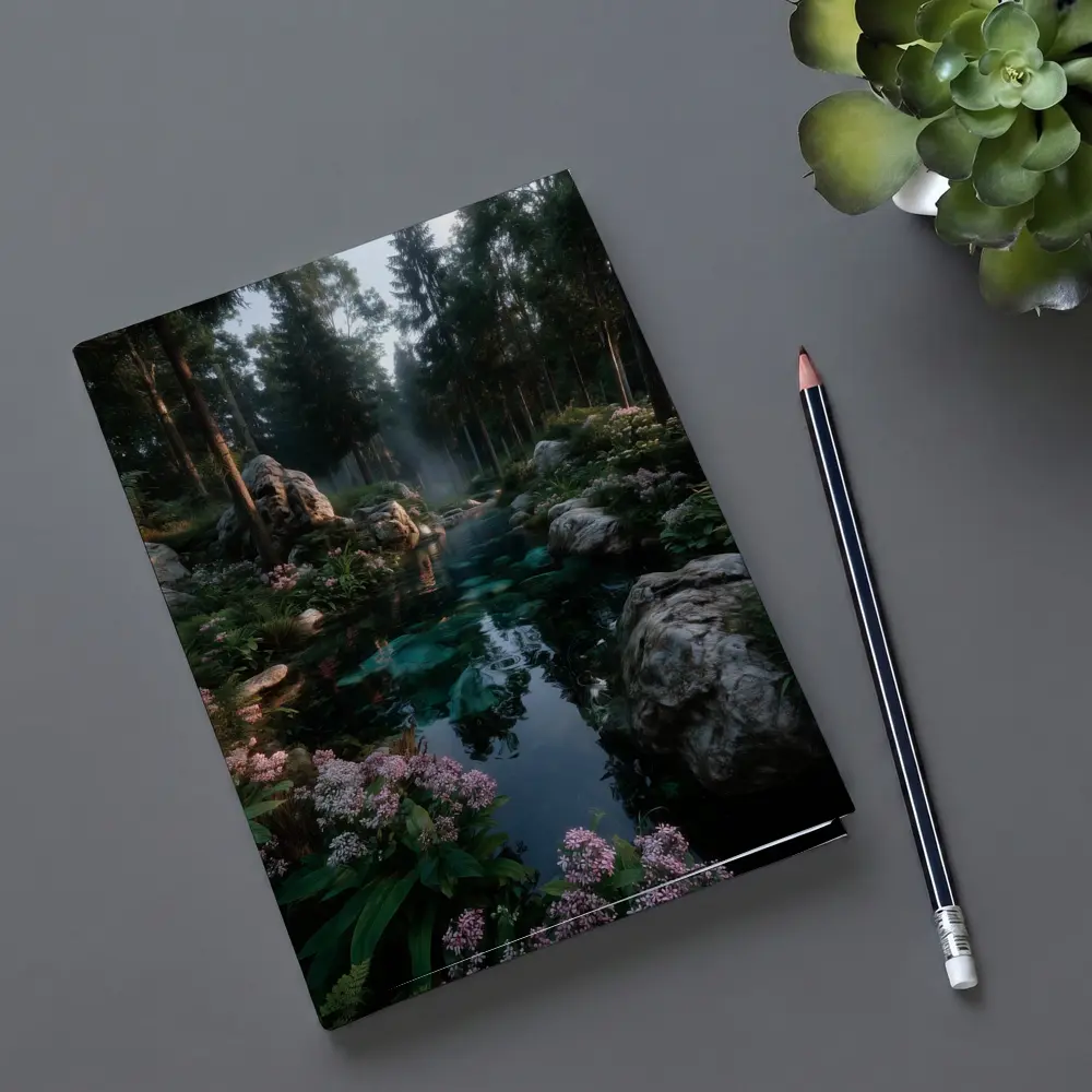 Forest River With Rocks And Pink Flowers – Notebooks