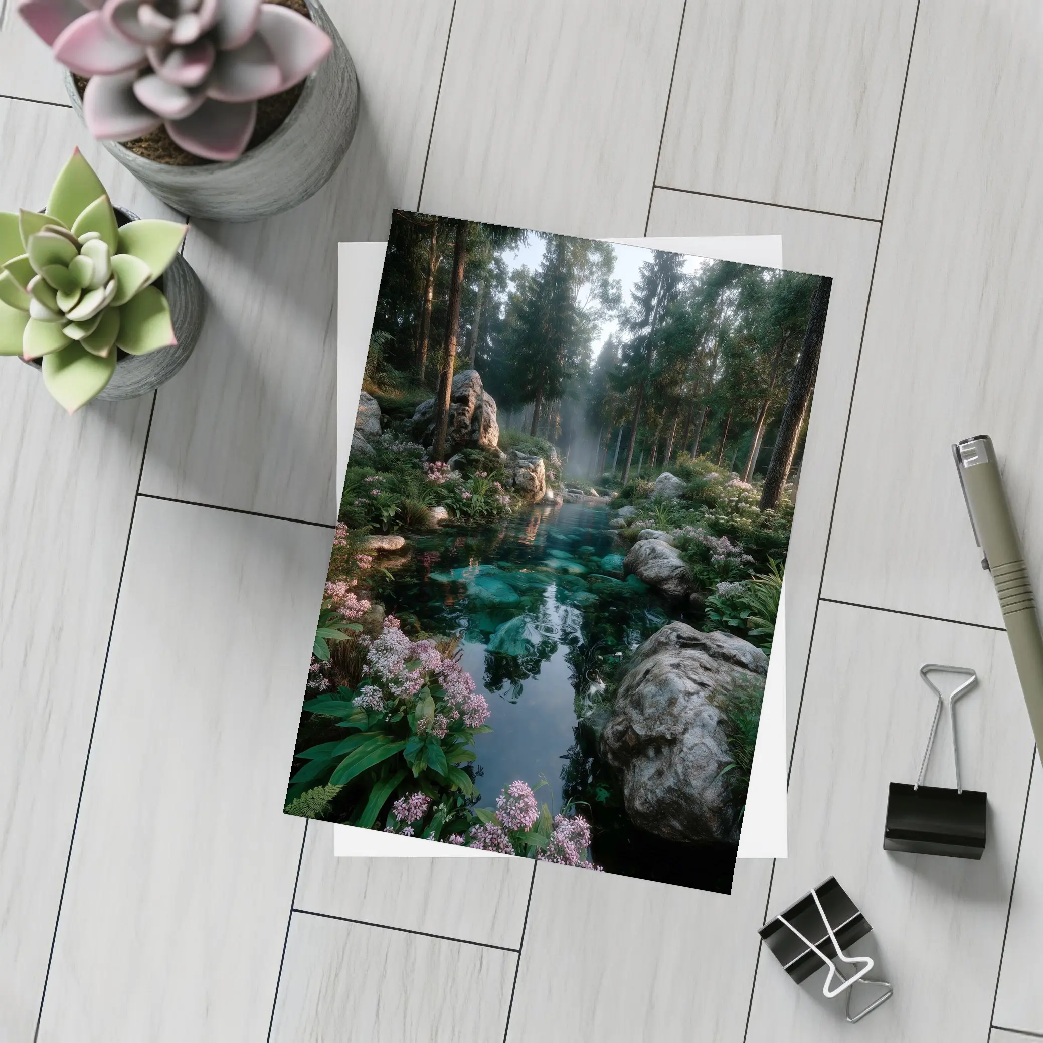 Forest River With Rocks And Pink Flowers – Postcards