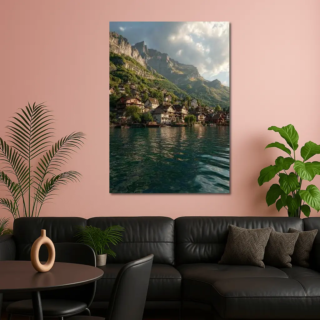 Swiss Alpine Village Lake Mountain Landscape – Wall Art