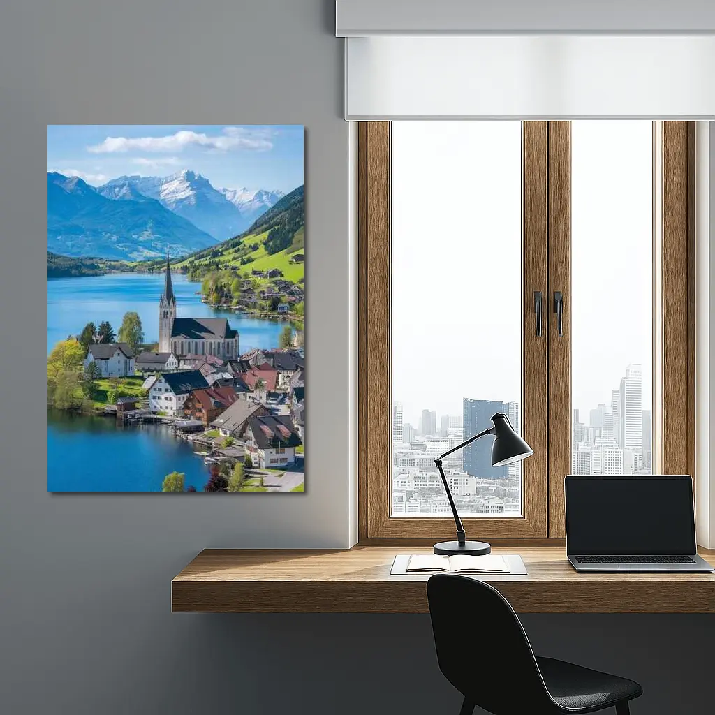 Alpine Lake Village Church Switzerland Mountains – Wall Art