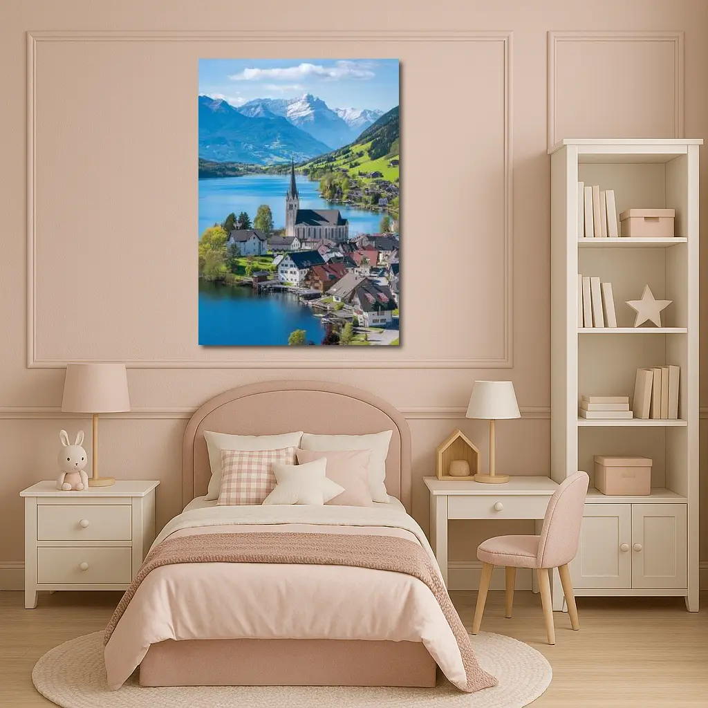 Alpine Lake Village Church Switzerland Mountains – Wall Art