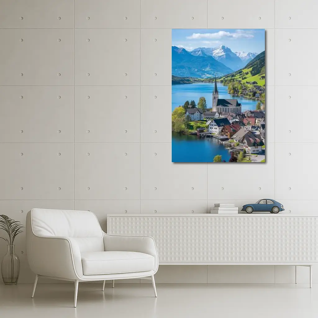 Alpine Lake Village Church Switzerland Mountains – Wall Art