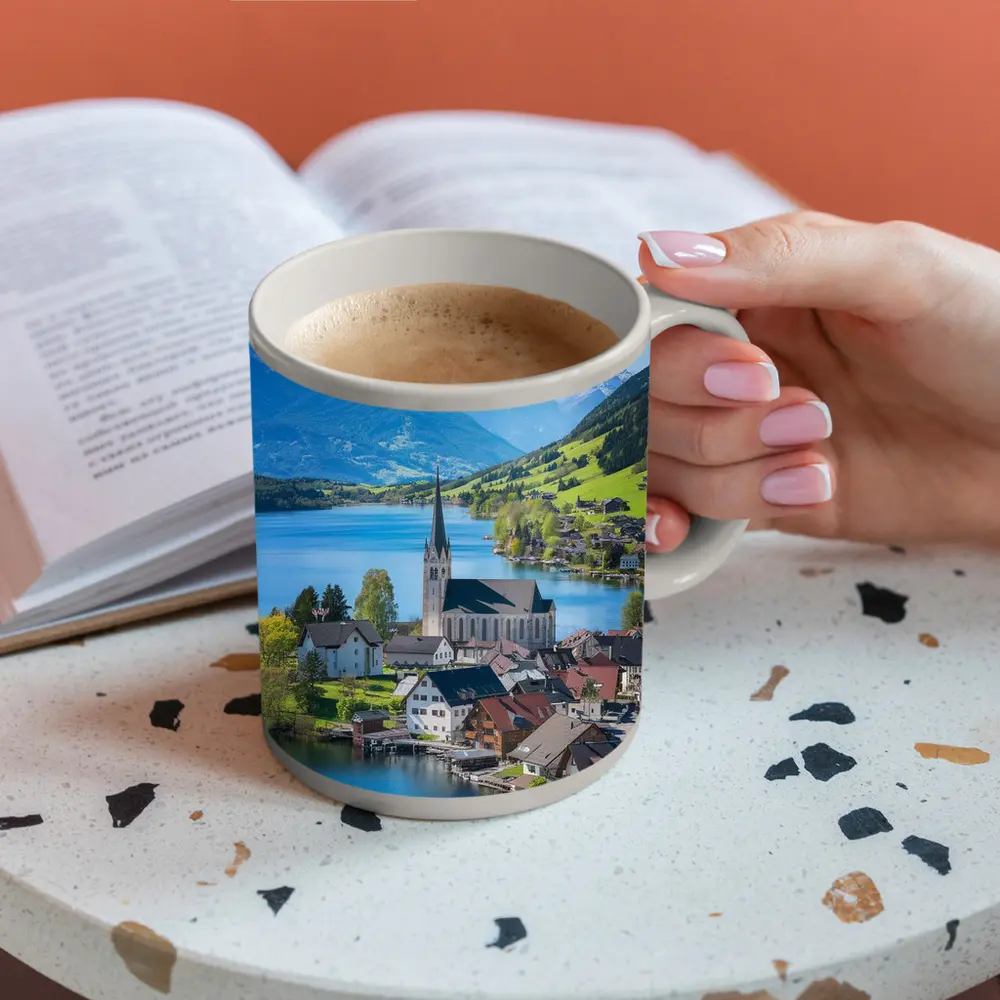 Alpine Lake Village Church Switzerland Mountains – Mugs