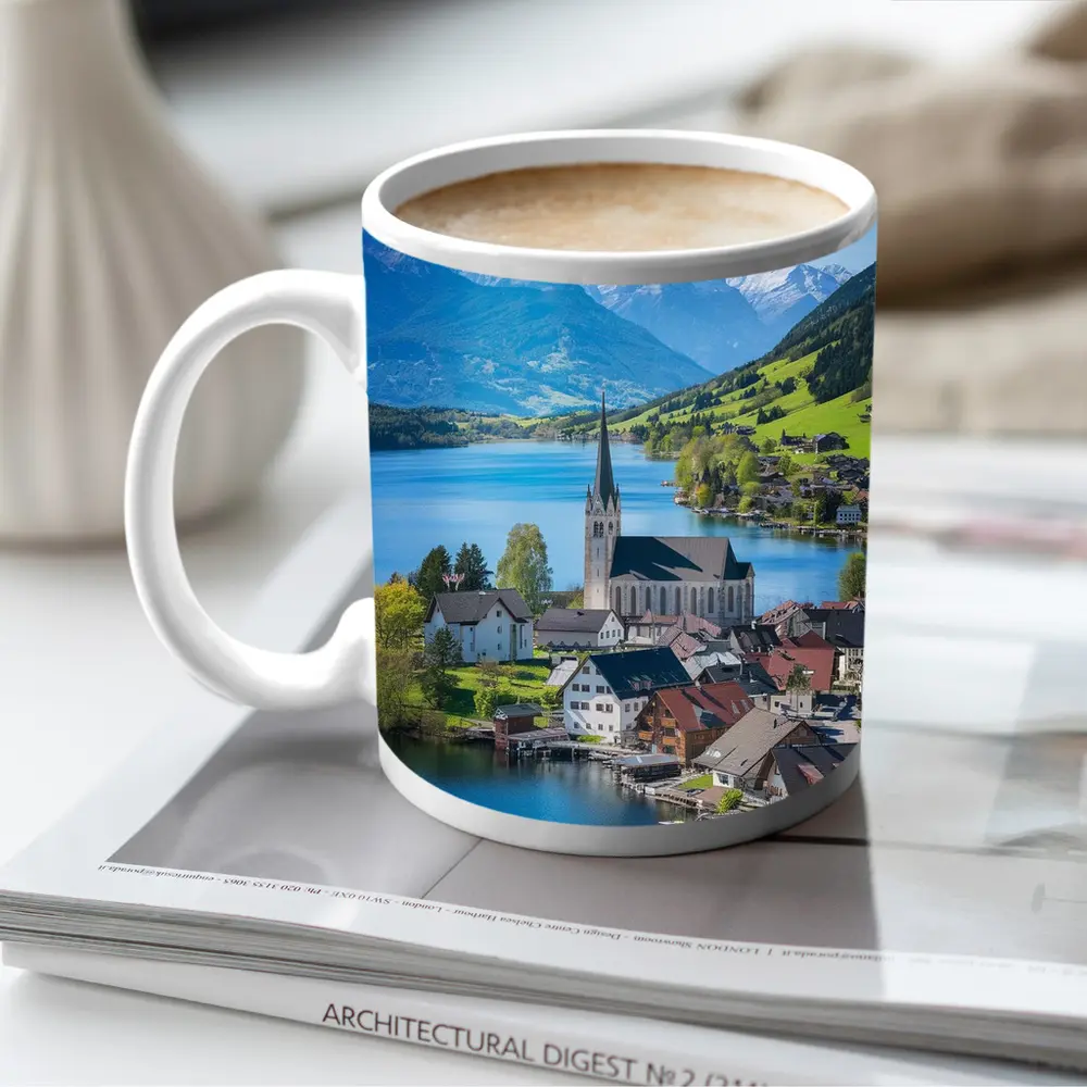 Alpine Lake Village Church Switzerland Mountains – Mugs