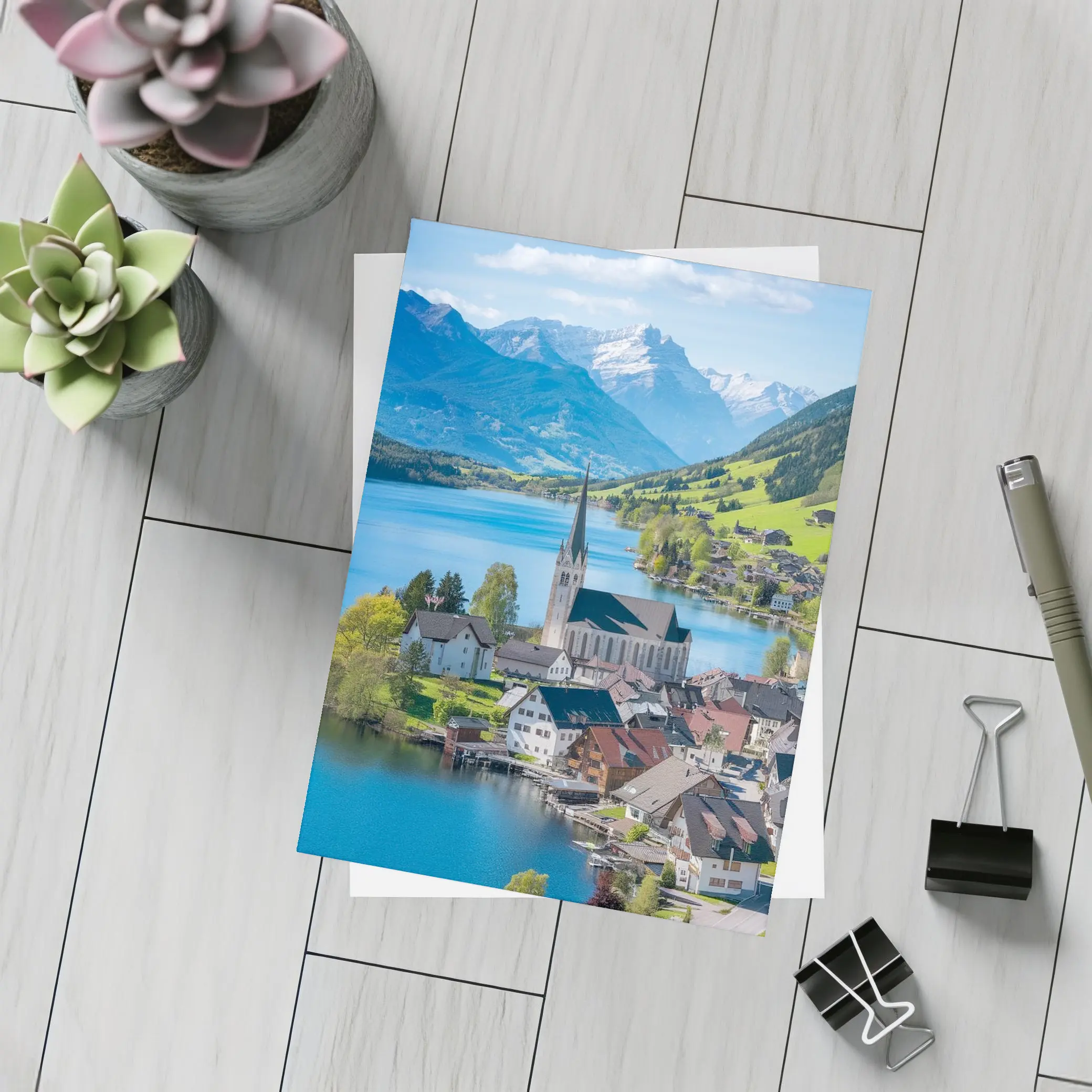 Alpine Lake Village Church Switzerland Mountains – Postcards