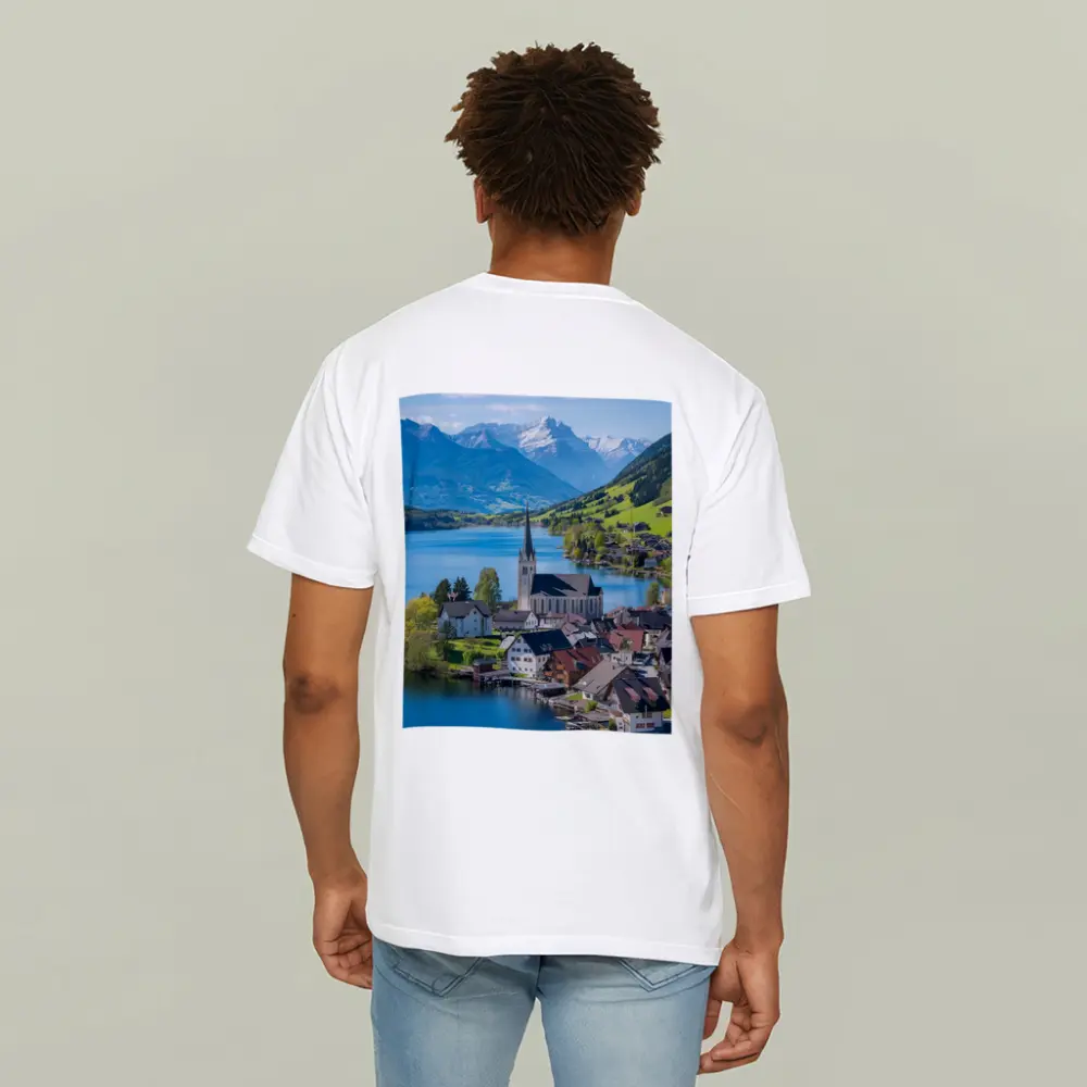 Alpine Lake Village Church Switzerland Mountains – T-Shirts