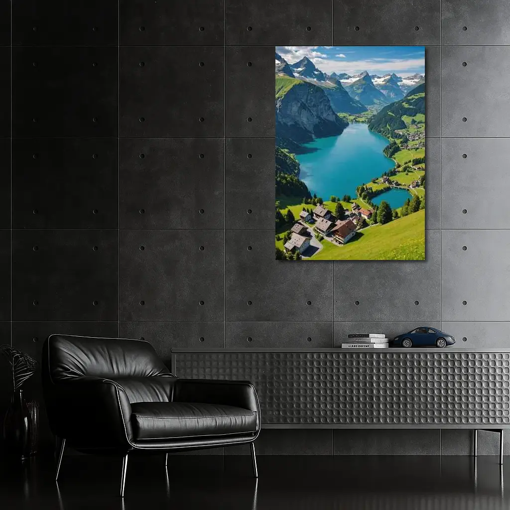 Swiss Alpine Lake Village Mountain Landscape – Wall Art