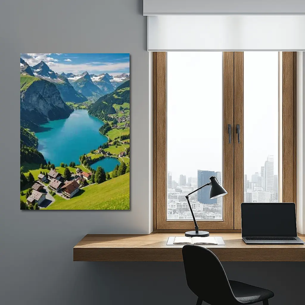 Swiss Alpine Lake Village Mountain Landscape – Wall Art