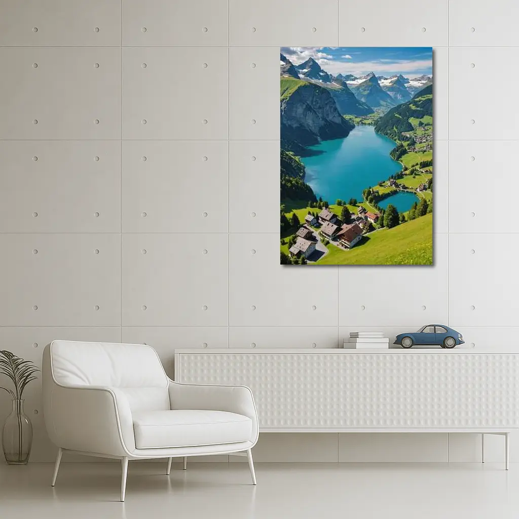 Swiss Alpine Lake Village Mountain Landscape – Wall Art