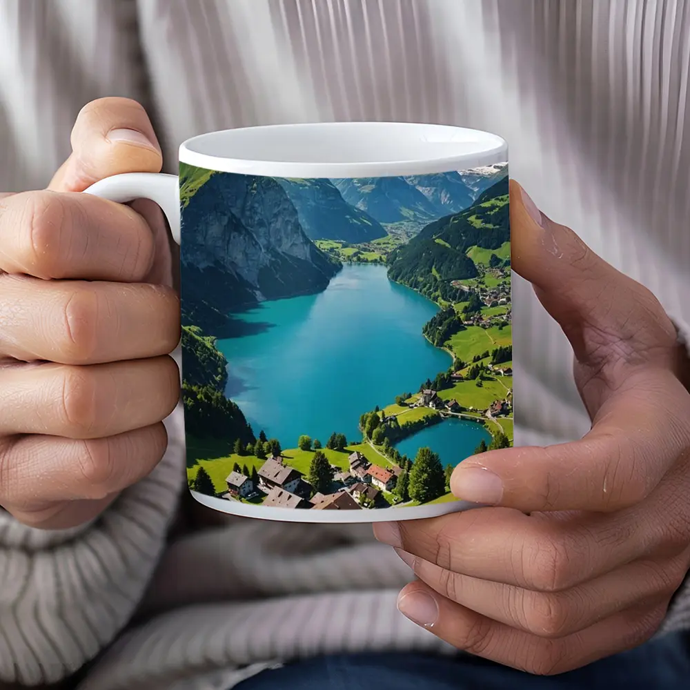 Swiss Alpine Lake Village Mountain Landscape – Mugs