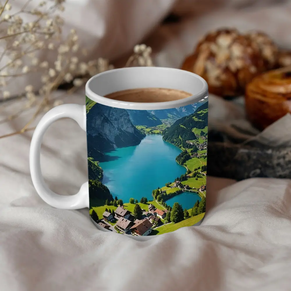 Swiss Alpine Lake Village Mountain Landscape – Mugs