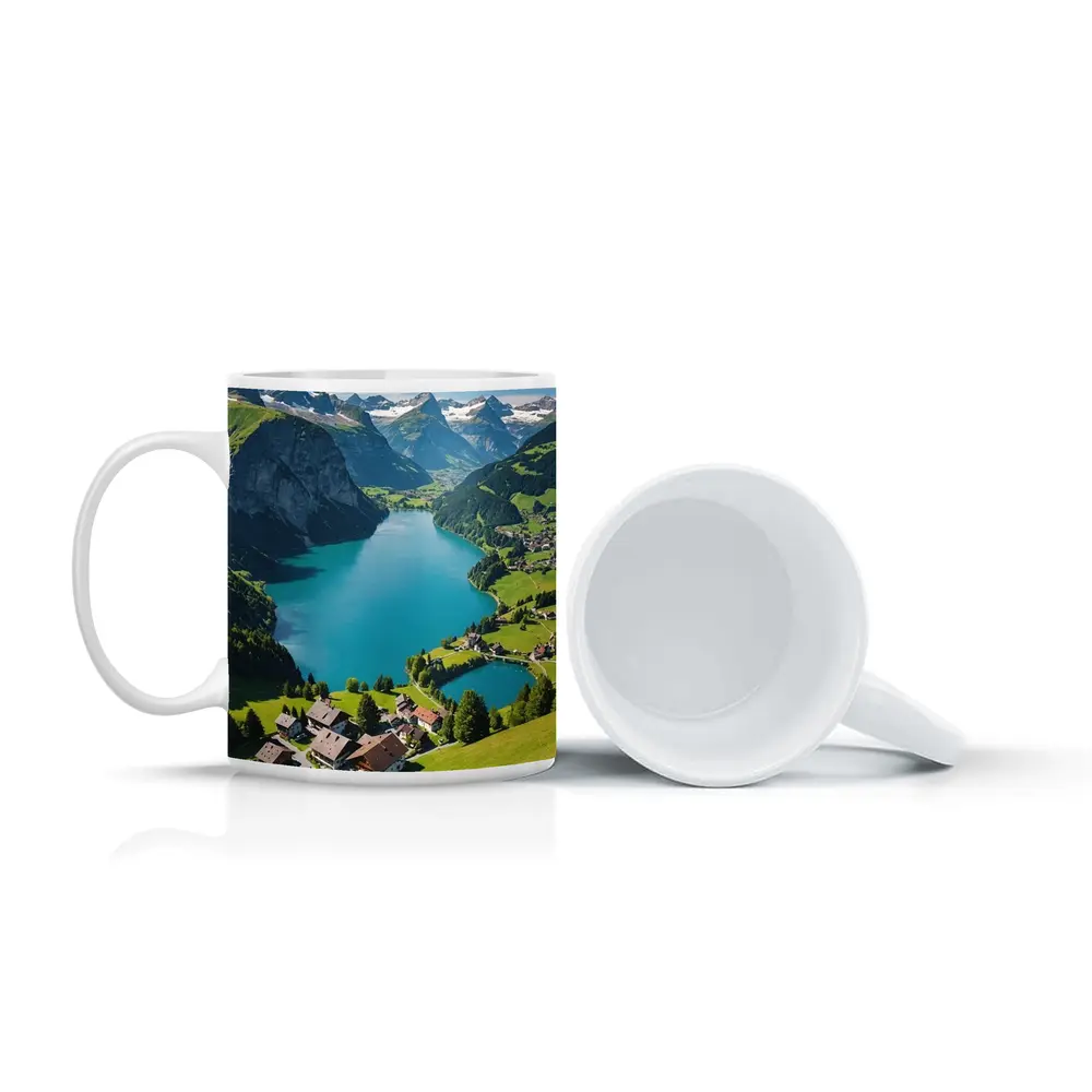 Swiss Alpine Lake Village Mountain Landscape – Mugs
