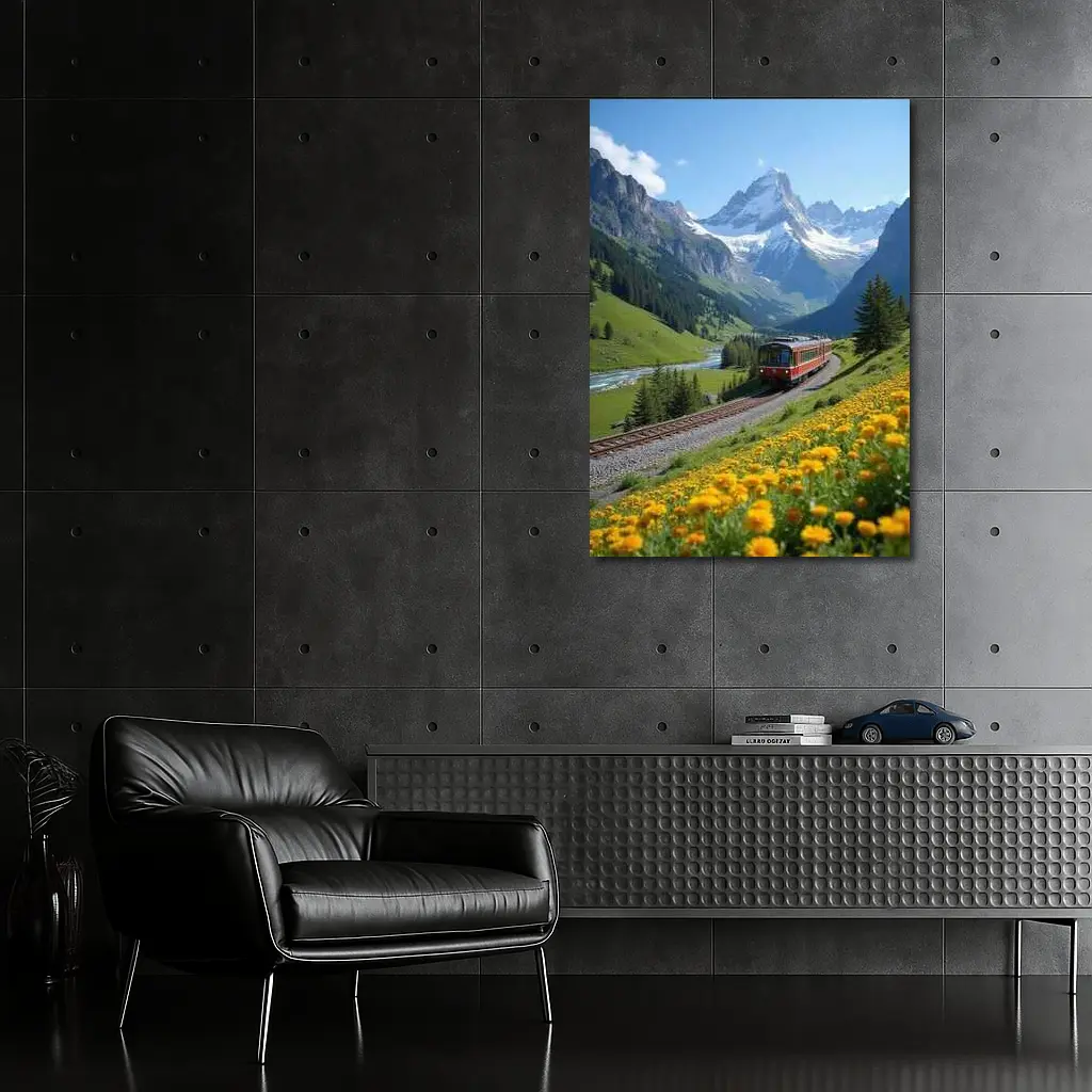 Red Train Swiss Alps Yellow Wildflowers Valley – Wall Art