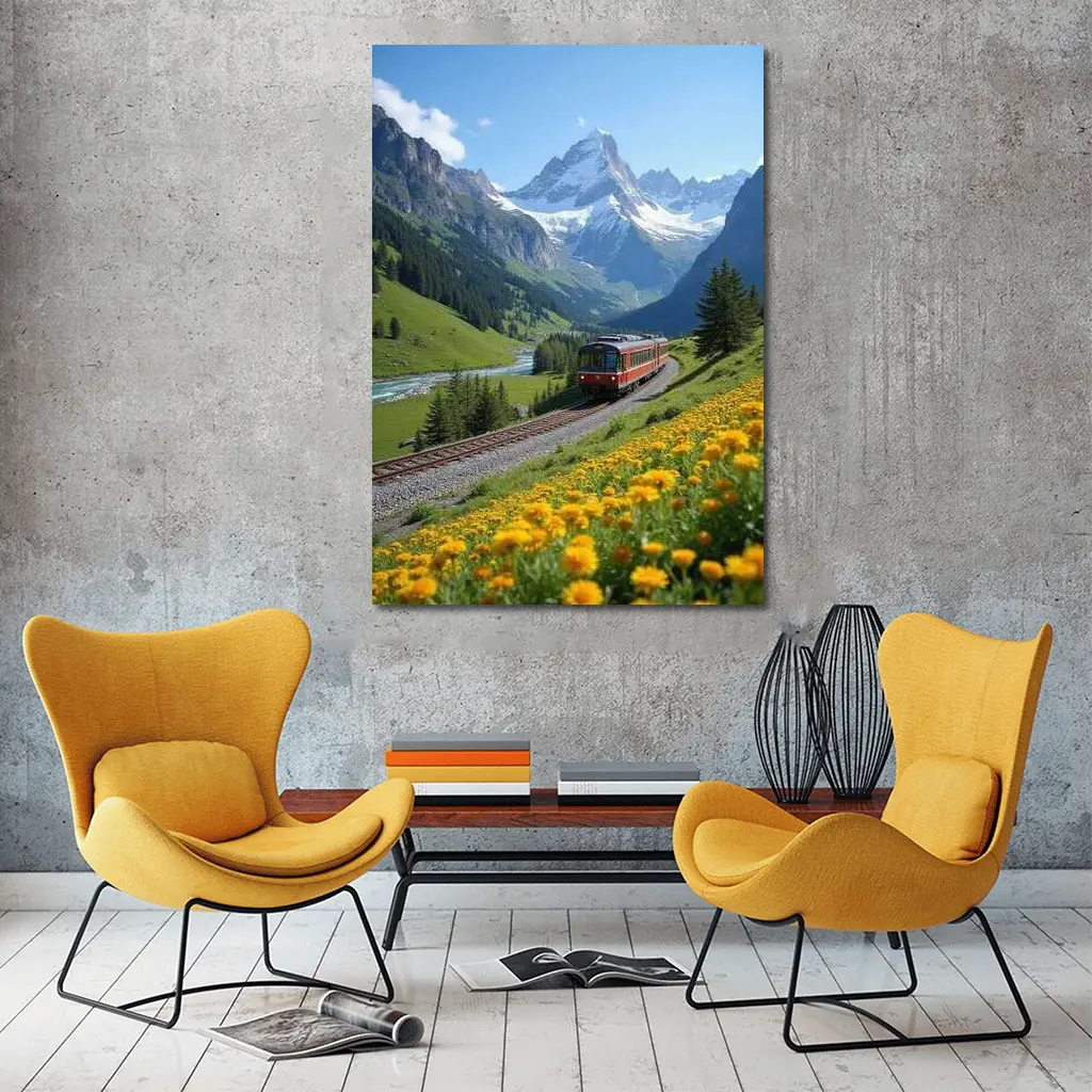Red Train Swiss Alps Yellow Wildflowers Valley – Wall Art