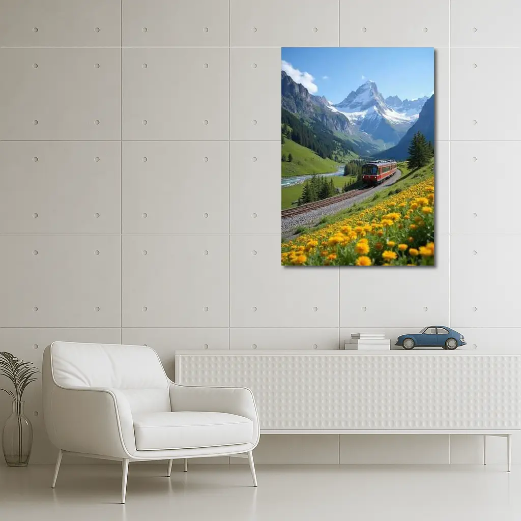 Red Train Swiss Alps Yellow Wildflowers Valley – Wall Art