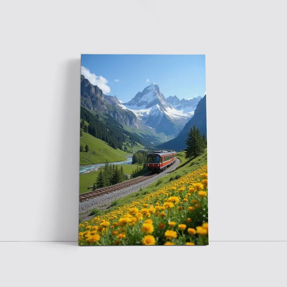 Red Train Swiss Alps Yellow Wildflowers Valley – Wall Art