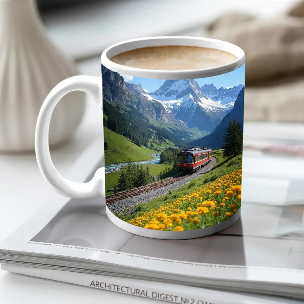 Red Train Swiss Alps Yellow Wildflowers Valley – Mugs
