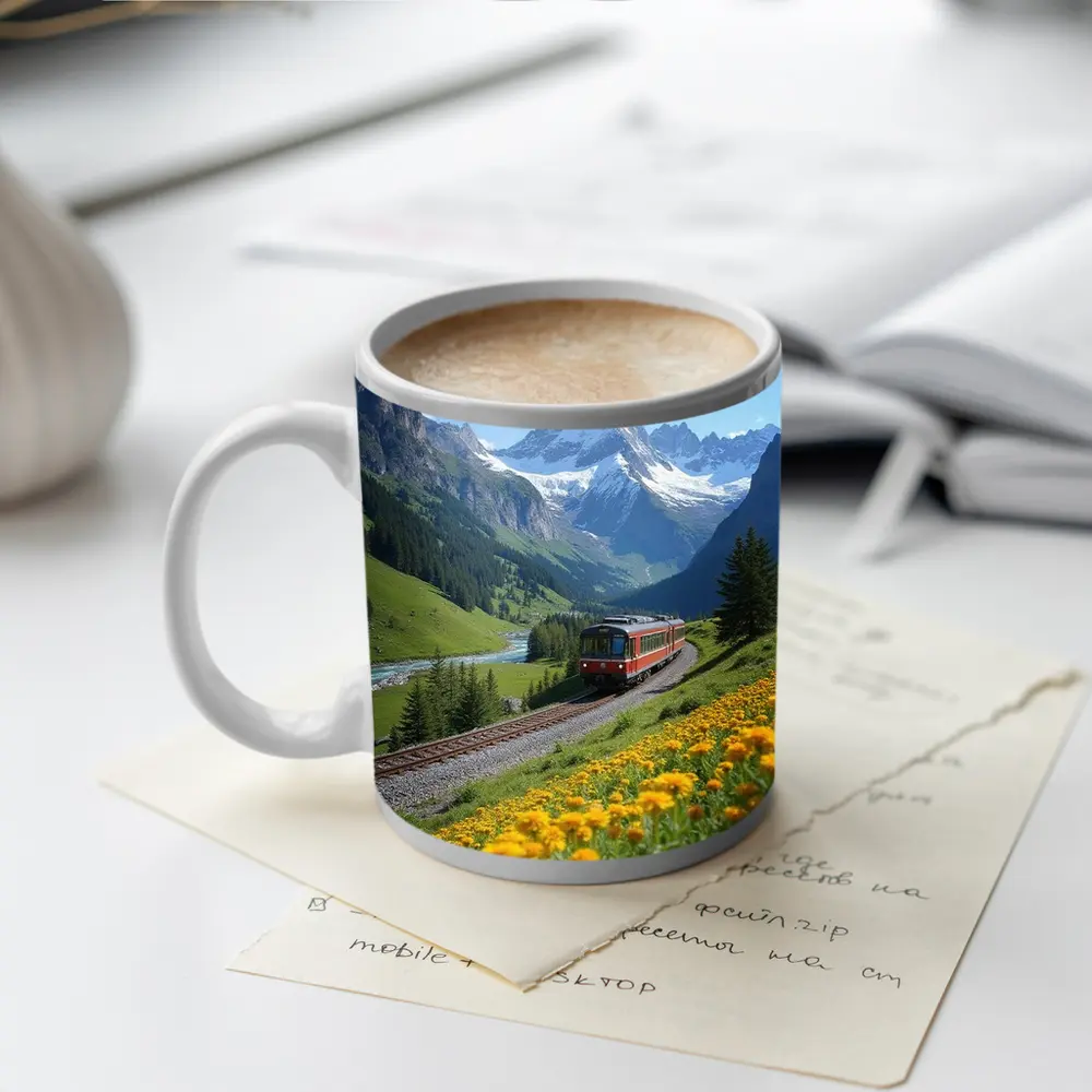 Red Train Swiss Alps Yellow Wildflowers Valley – Mugs