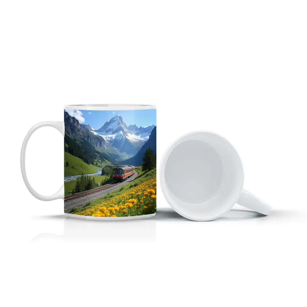 Red Train Swiss Alps Yellow Wildflowers Valley – Mugs
