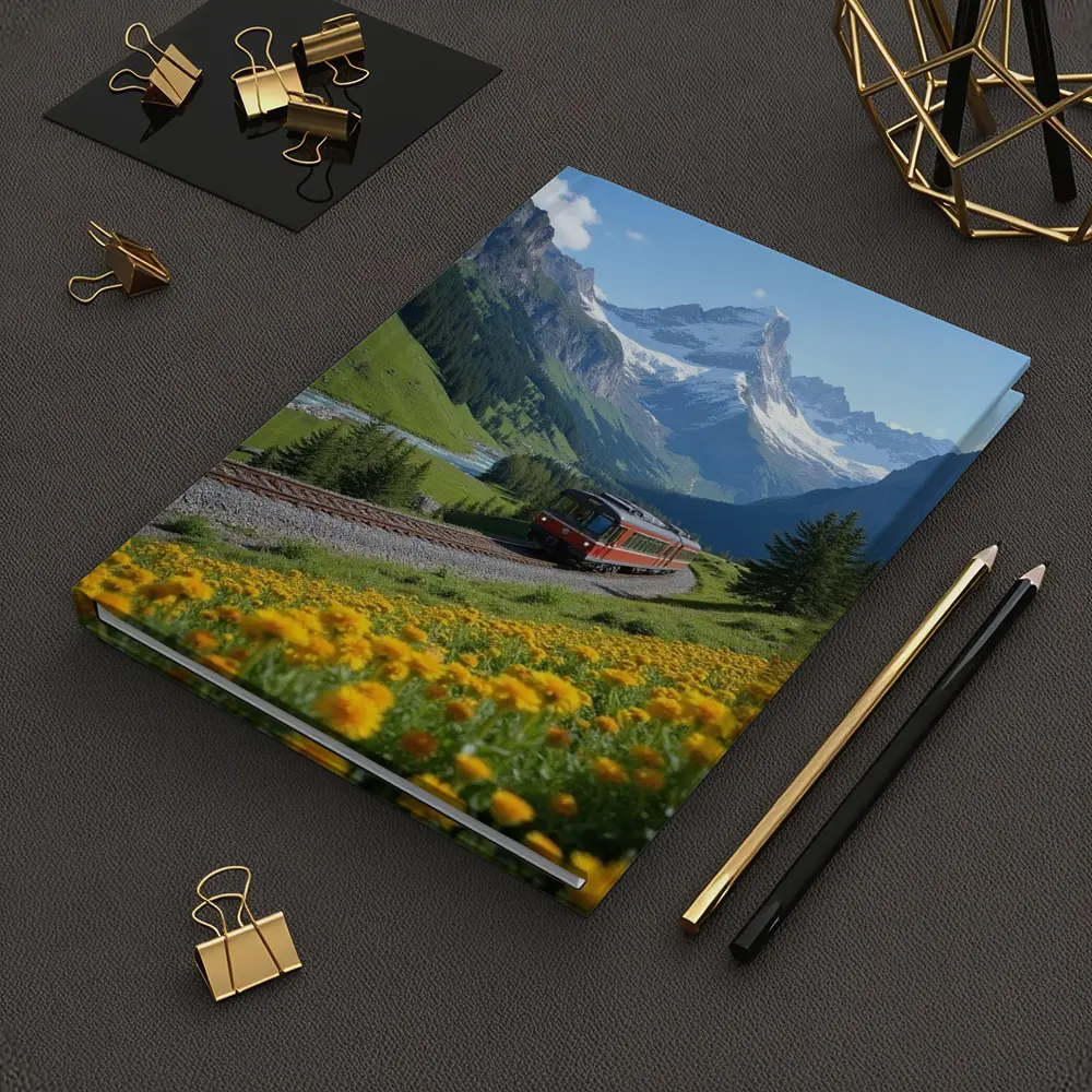 Red Train Swiss Alps Yellow Wildflowers Valley – Notebooks