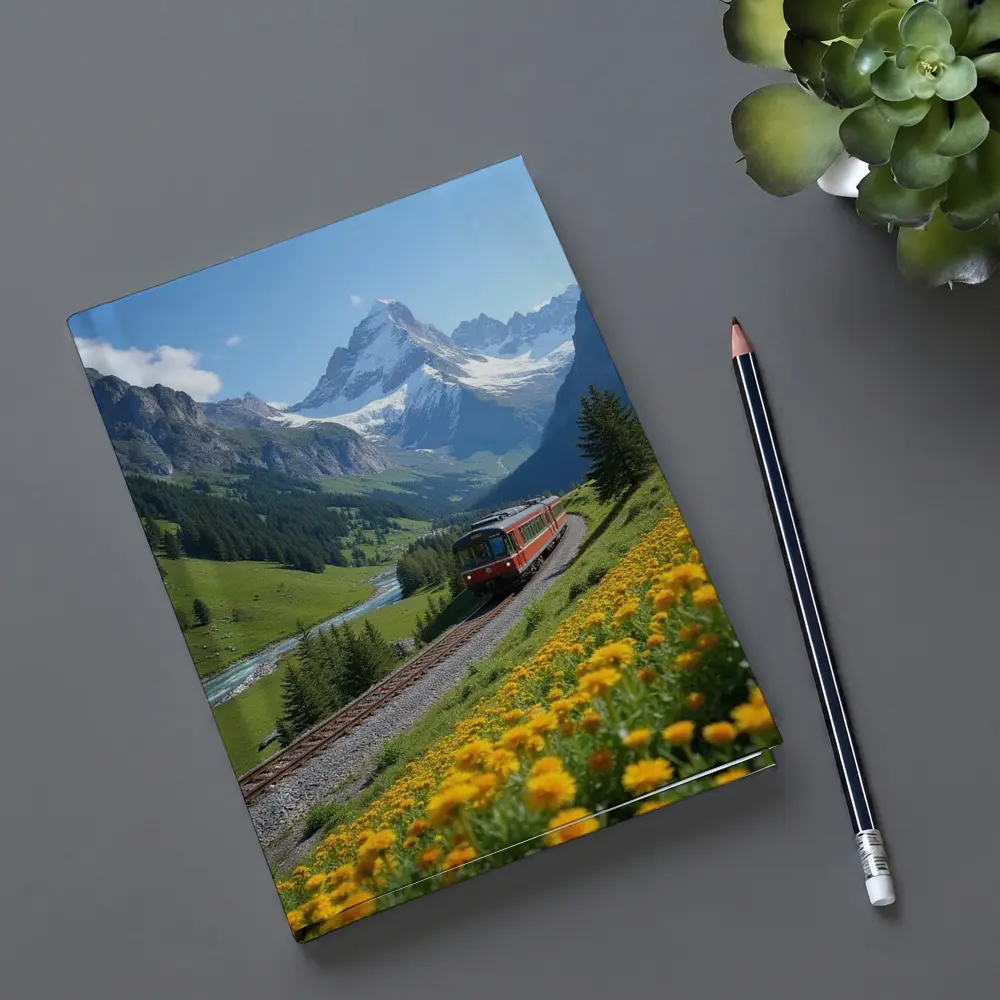 Red Train Swiss Alps Yellow Wildflowers Valley – Notebooks