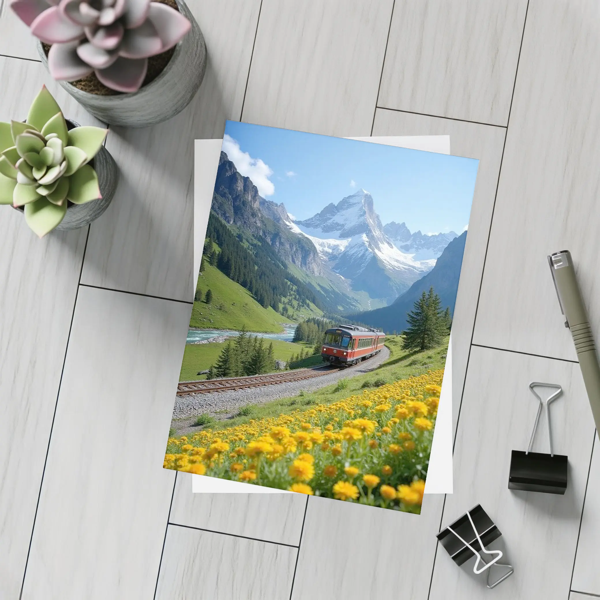 Red Train Swiss Alps Yellow Wildflowers Valley – Postcards