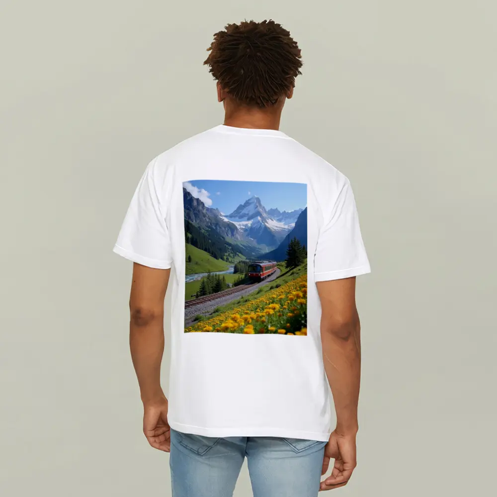 Red Train Swiss Alps Yellow Wildflowers Valley – T-Shirts