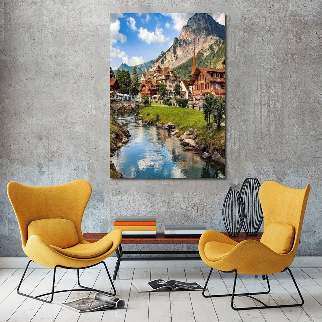 Swiss Alpine Village Stream Mountains Scenic View – Wall Art