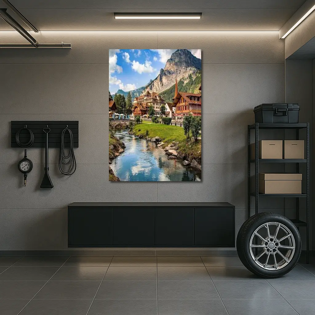 Swiss Alpine Village Stream Mountains Scenic View – Wall Art