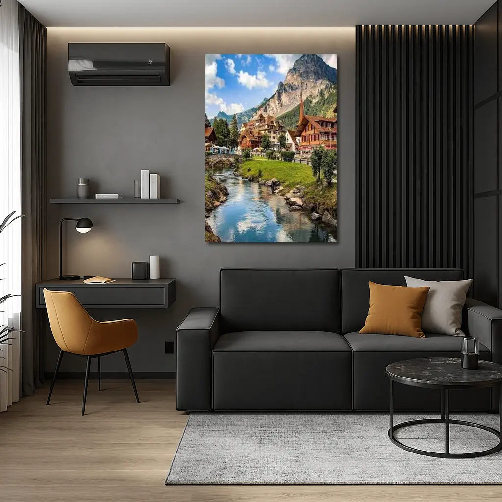 Swiss Alpine Village Stream Mountains Scenic View – Wall Art