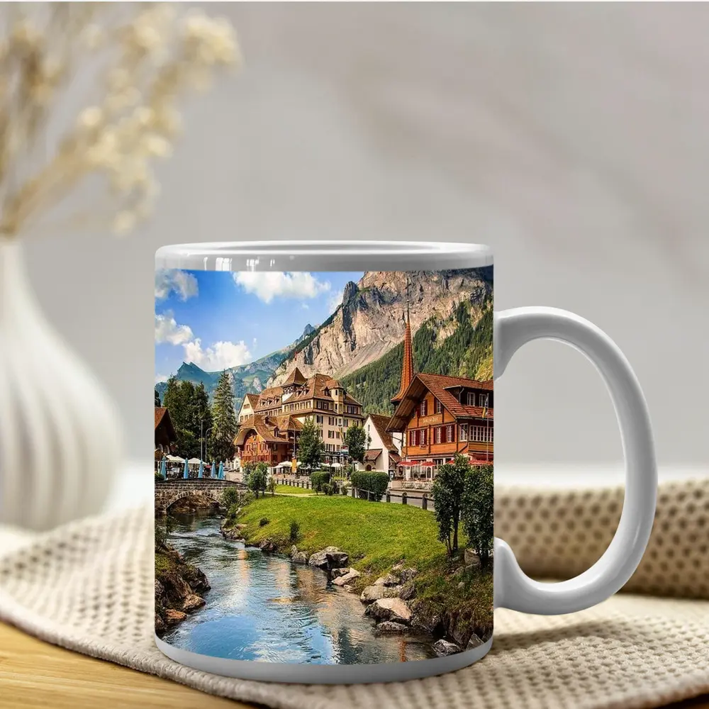 Swiss Alpine Village Stream Mountains Scenic View – Mugs