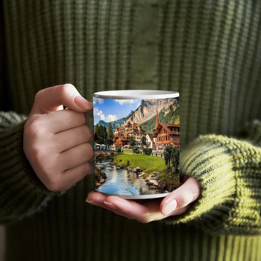 Swiss Alpine Village Stream Mountains Scenic View – Mugs