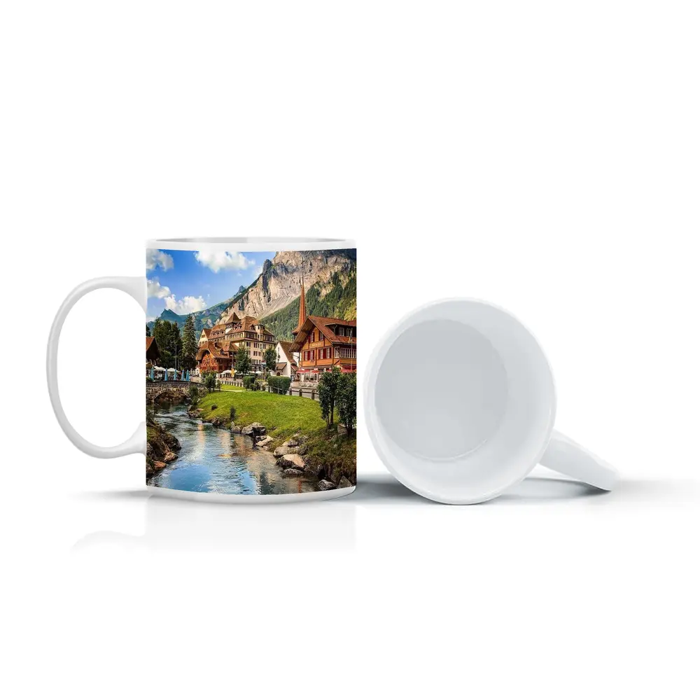 Swiss Alpine Village Stream Mountains Scenic View – Mugs
