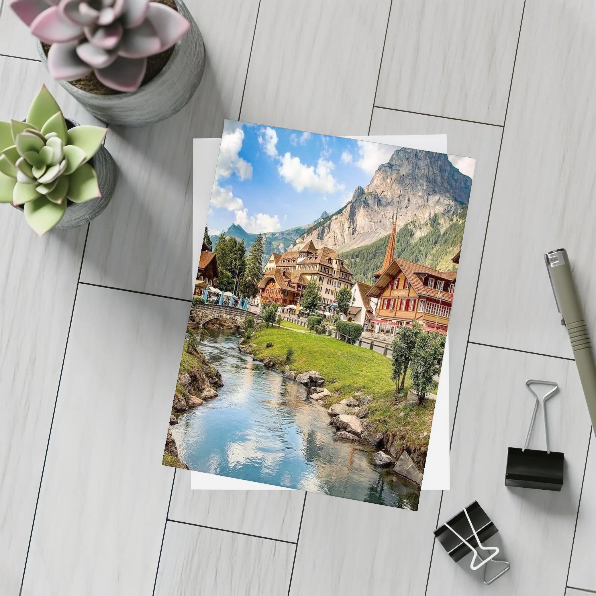 Swiss Alpine Village Stream Mountains Scenic View – Postcards