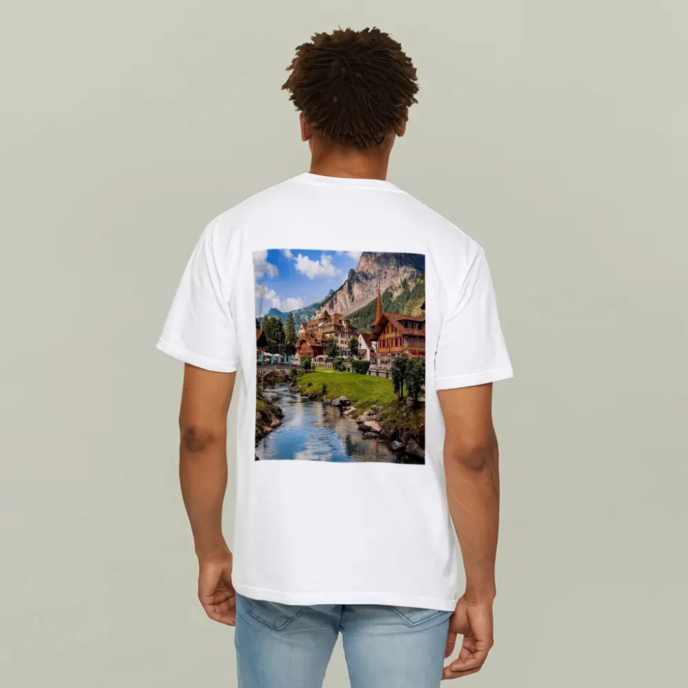 Swiss Alpine Village Stream Mountains Scenic View – T-Shirts