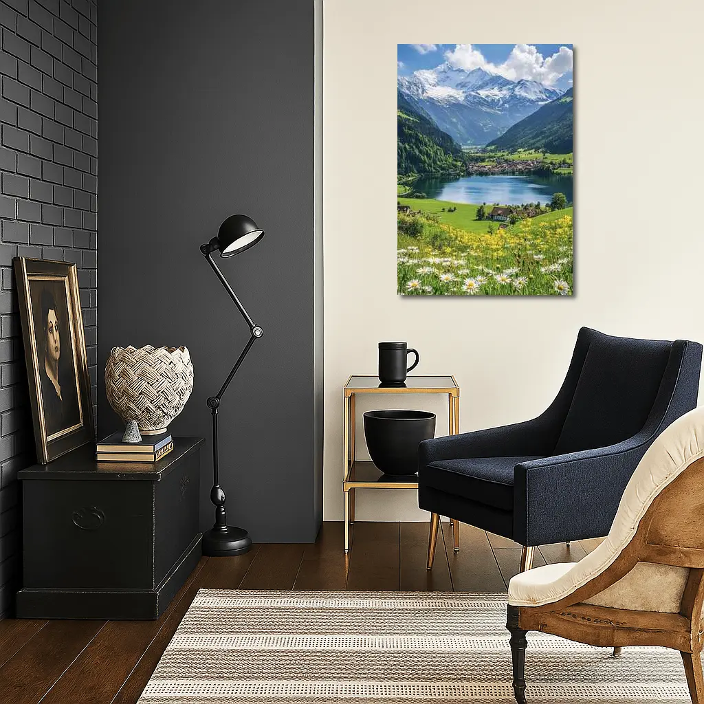 Alpine Lake Village Snow Capped Mountains Daisies – Wall Art