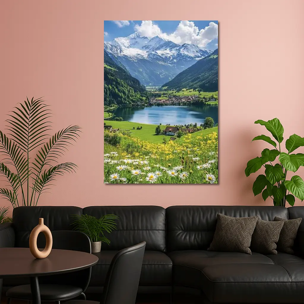 Alpine Lake Village Snow Capped Mountains Daisies – Wall Art